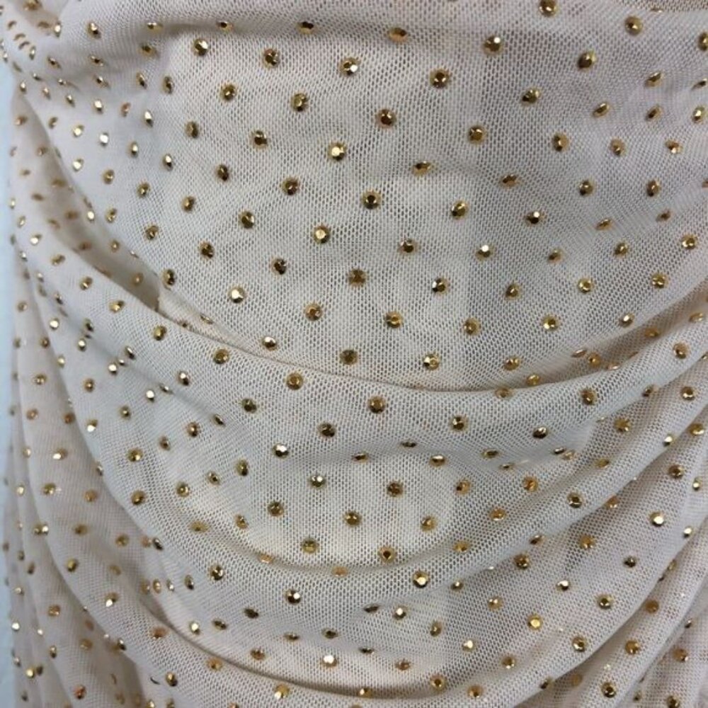 Bebe Beige Mesh Gold Studs Strapless Dress New Years Eve Wedding Date Size Small - Picture 5 of 7